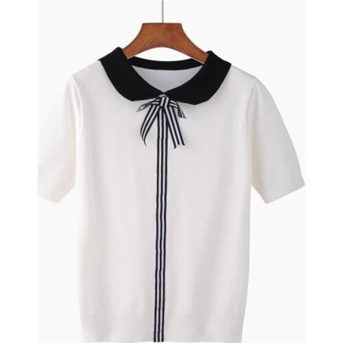 Summer Women Knitted Stripe T Shirt EA Bowtie Preppy Style Student Tee Short Sleeve Tshirt Female Elegant Cute Top Harajuku