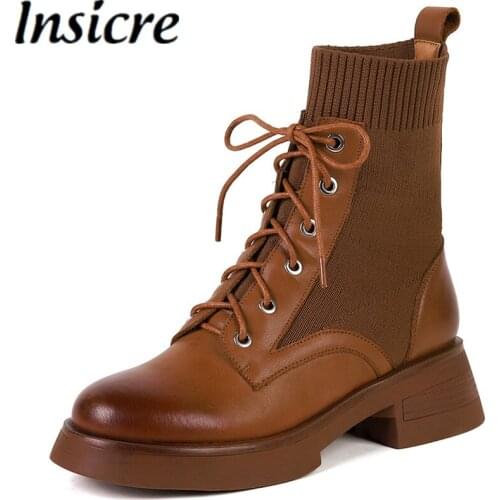 Insicre Women Ankle Boots Cow Split Leather Platform Round Toe Low Heels 2021 Winter Shoes Cross Tied Kniting Patchwork