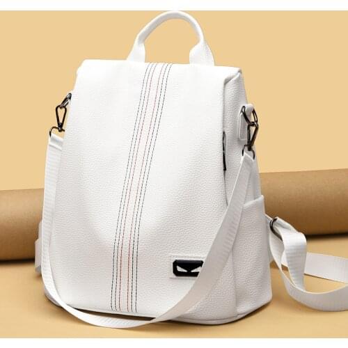 2021 New White Women PU Leather Backpack School Bags For Teens Girls Travel Anti-Theft Backpack High Quality Ladies Bagpack