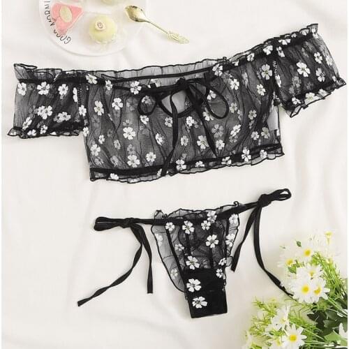 Ladies Sweet Sexy Floral Mesh 2 Piece Sets Lingerie Women See Through Crop Top+Lace Up Thong Briefs Underwear Babydoll Sleepwear