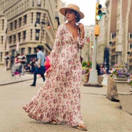 Hippie Floral Print Maxi Dress Women Spring 2020 Long Sleeve Vintage Deep V Neck Sexy Vestidos Beach Casual Wear Boho Long Dress