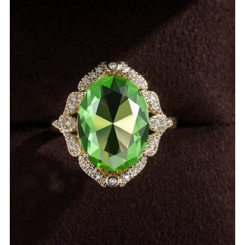 Female Luxury Green Crystal Stone Ring Fashion Gold Color Big Wedding Rings For Women Dainty Bride Oval Zircon Engagement Ring