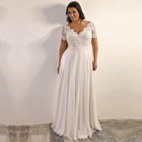 Plus Size Vestido de Noiva Chiffon Short Sleeve Wedding Dress Appliques Lace Bridal Gown Beach Custom Made Tulle Wedding Dresses