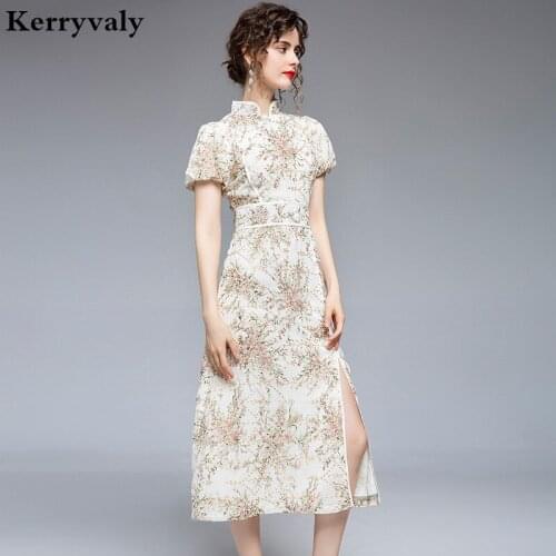 Summer Vintage High Waist Floral Embroidered Dress Vestidos Verano 2021 Puff Sleeve Pearl Buckle Cheongsam Elegant Dress K6938
