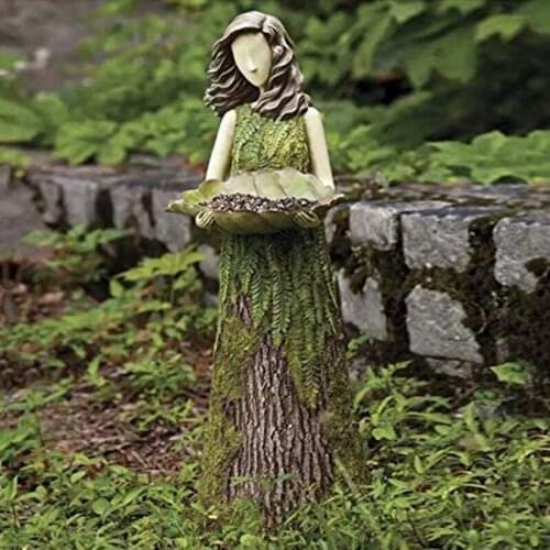 ZK20 Dropshipping Sherwood Fern Fairy Statuary with Bird Feeder Resin Ornament Outdoor Garden Statue Super Cute SCVD889