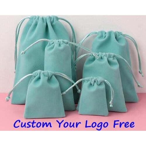 100PCS Custom Logo FREE Velvet Drawstring Pouches Jewelry Packaging Bag TF Blue Gift Box Personalized Pouch
