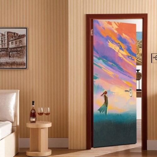3D Door View Lover Girls Painting Door Paint Bedroom Corridor Bathroom Door Background Decorative PVC Wall Stickers