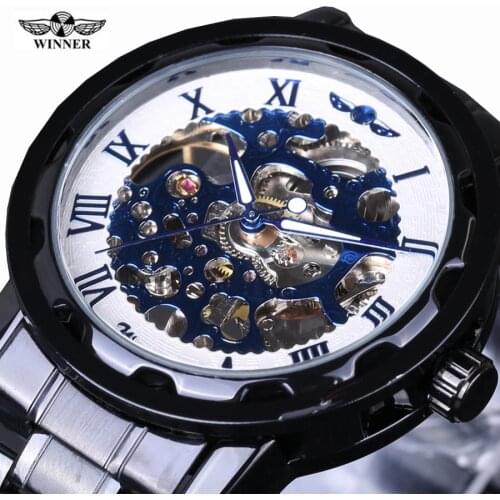2018 Fashion Retro Vintage Stainless Steel Skeleton Mechanical Watch For Man Black Mechanical Wrist Watches Winner Brands Clock