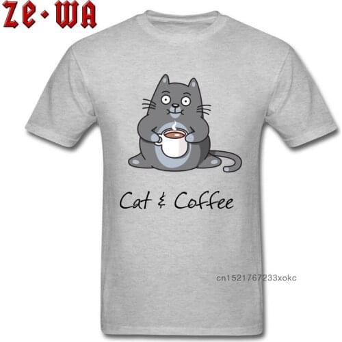 T Shirt Man Tops Kawaii TShirt Cat And Coffee Tshirts Grey Funny T-shirt Short Sleeve Custom VALENTINE DAY Cotton Clothing