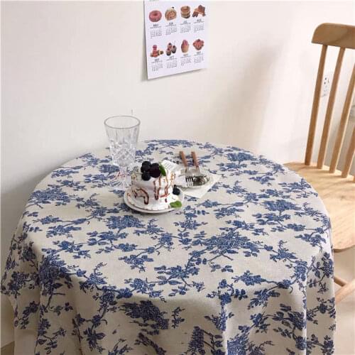 Ins Korea Retro Floral Blue Tablecloth Rectangular Table Student Cotton Linen Picnic Mat French Dinning Table Decoration