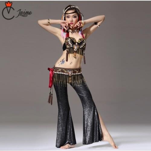 Performance Women Dance Wear 3 Set Clothes Beads Bra, Belt with Gold Chain Tribal Print Pants Tribal Belly Dance Costume