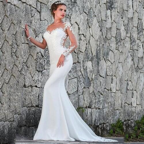 Lace Mermaid Wedding Dresses Scoop-Neck Full Sleeves Zipper Sheer Back Vintage Satin Ivory White 2020 Bride Robe Mariee Dentelle