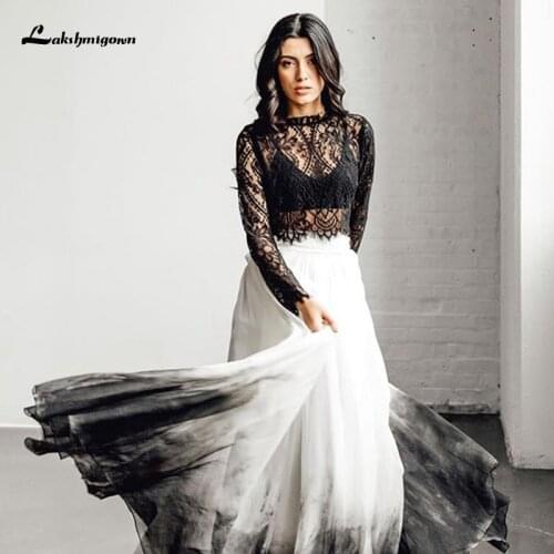 Gothic Black Wedding Dress Two Pieces Illusion Lace Top High Neck Long Sleeve Halloween Wedding Dresses White Tulle Bridal Gown