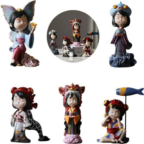 Cute Loulan Girl Figurines Sculpture Resin Kimono Girl Statue Collection Home Decorative Centerpieces for Home Desk Tabletop
