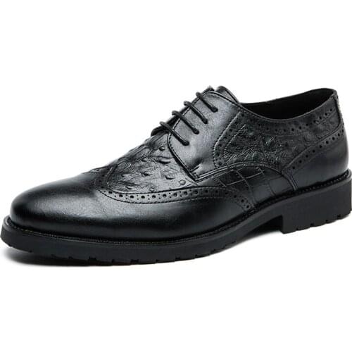 Men Casual Leather Crocodile Grain Brogue Derby Shoes Daily Footwear Leisure Business Pointed Toe Lace-up Black Leather Shoes