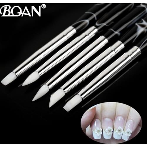 BQAN 5PCS Nail Art Brush Set Silicone Head Acrylic Handle Pen Acrylic Rhinestone Nail Art Brush Accessories for Nail DIY Design