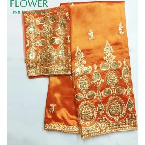 New 2020 High Qulaity George Lace Fabric With 2 Yards Net Lace Orange Color Sequined Embroidered George Lace Wedding Material