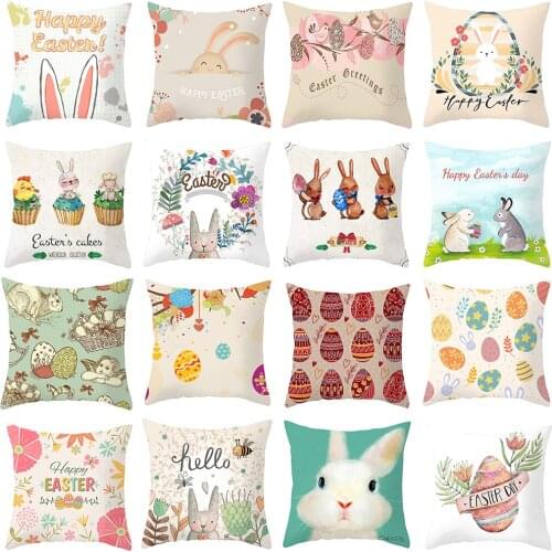 Easter Throw Pillow Cushion Cover Bunny in Hand Drawn Style with Eggs and Blossoms Retro Decorative Square Accent Pillow Case