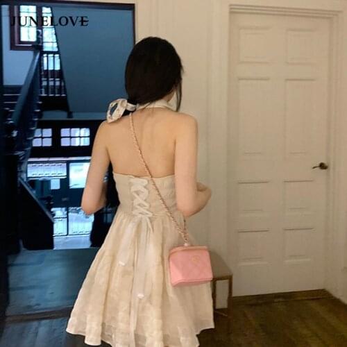 Korean Kawaii Strap Dress Women Bandage Backless Casual Sexy Mini Dress Female Summer 2021 High Waist Chic Party Sweet Dress