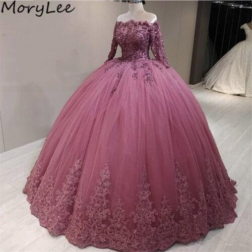 Prom Dresses 2021 Boat Neck Long Sleeves Ball Gown Tulle Lace Applique Crystal Prom Dresses Zipper vestidos de fiesta de noche