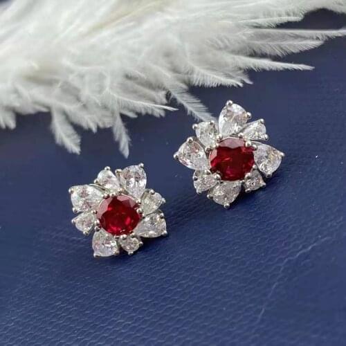 Luxury 925 Sterling Silver Simulated Moissanite Ruby Earrings Flower Shape Stylish Simple Engagement Birthday Gift