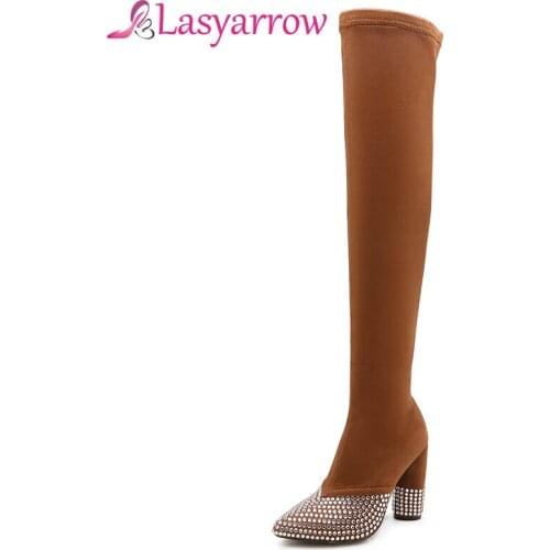 Lasyarrow Women boots high heels flock leather thigh high boots stretch autumn inter over the knee boots ladies long shoes F525