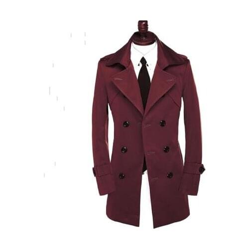 Trench coat men plus size windbreaker adolescent double-breasted jacket wine red manteau homme mens overcoat spring korean