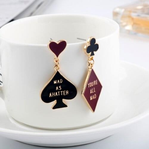 Alice In Wonderland Dangle Earrings Cute Love Heart-shaped Poker Card Asymmetrical Earring Fashion Jewelry Girls Kids Fans Gift