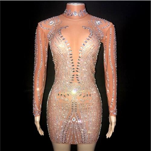Bright Silver Rhinestones Transparent Sexy Dress Birthday Celebrate Mesh Stage Costume Wear Evening Dancer Singer Performance