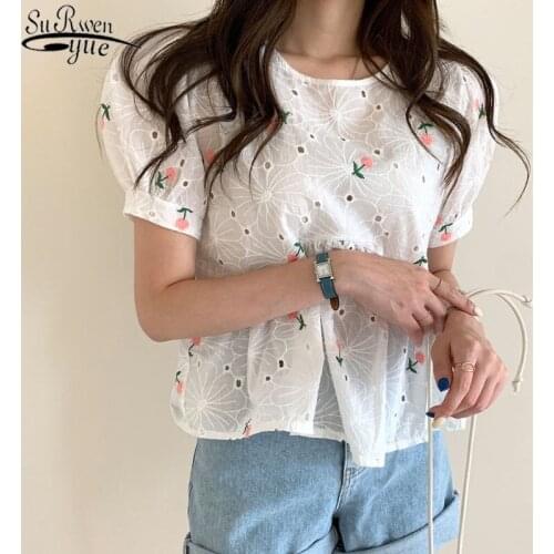 2021 Summer Hollow Out Woman Blouse Vintage Shirts Fashion Women Blouses Embroidered Hook-up Short Sleeve Shirt Women 13650