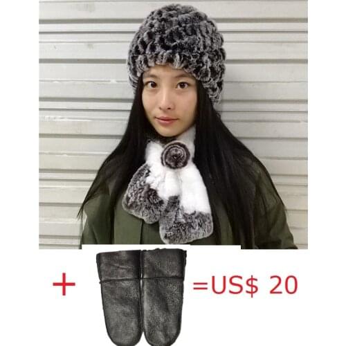 Women winter warm set of real rex rabbit fur hat with floral scarf genuine sheepskin leather with fur mitten warm ladies H159