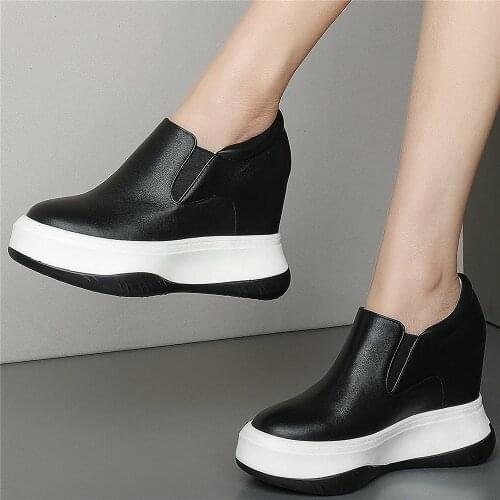 11cm High Heel Fashion Sneakers Women Genuine Leather Wedges Ankle Boots Female Med Top Round Toe Platform Creepers Casual Shoes