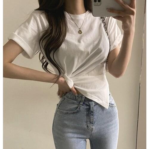 Summer Women’s Summer Tops Casual Short Sleeve T-shirt Fashion Solid Color Tees Irregular Knotted O-neck Pullover