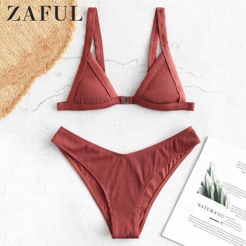 ZAFUL Textured Ribbed Front Closure Bikini Set Women Wire Free Straps Bathing Suit Padded Elastic Sexy Swimwear Summer Beach