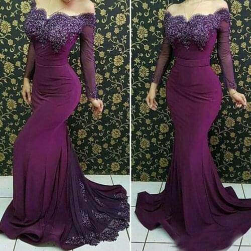 Womens Long Sleeve Off Shoulder Mermaid Lace Prom Dresses with Beads Robe De Soiree Grape Tulle Formal Party Dresses