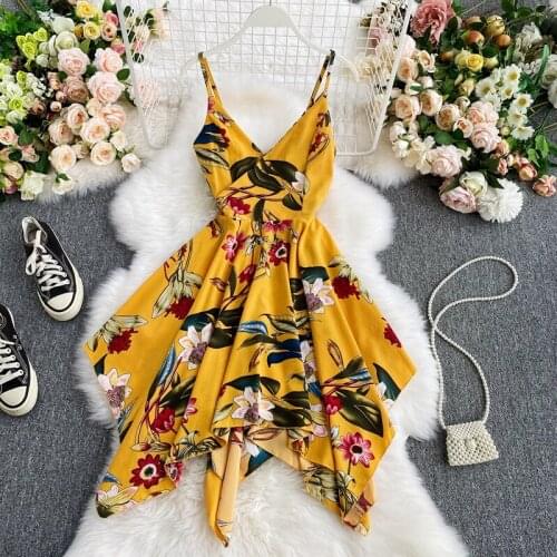 ZQLZ 2021 Women Summer Dress Irregular Seaside Holiday V-neck Sling Beach Slim Waist Print Open Back A-line Dress Sleeveless