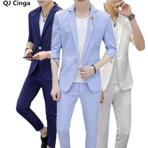 15 Clors Half Sleeve Men Wedding Suit Summer Male Slim Fit Suits For Men Business Formal Party Skinny Jacket with Ankle Pants
