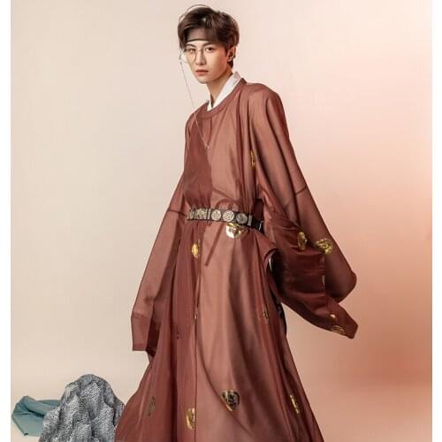 2021 ancient style chinese men hanfu gold stamping round neck long robe vintage style couple tang suit clothes cosplay hanfu