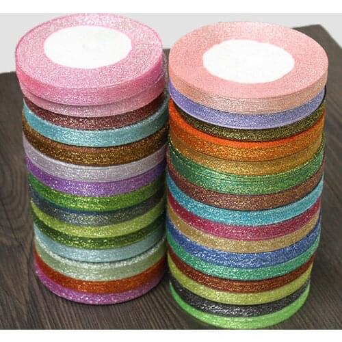 25 yards/roll) 10mm Metallic Glitter Ribbon Gift Wrap Wedding Christmas Decorative Crafts Material Gold Silver Pink Blue Ribbon