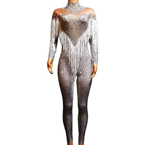 Sparkling Rhinestones Skinny Elastic Women Jumpsuits Long Sleeve Silver Fringes Bodysuits Nightclub Costumes Evening Prom Outfit