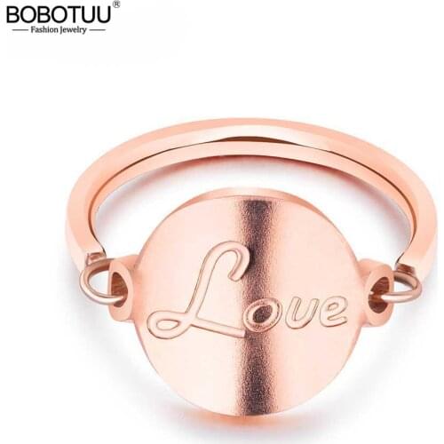 BOBOTUU Fashion Love Letter Round Tag Ring Titanium Steel Rose Gold Female Ring Jewelry Dropshipping Bague Femme BR19168