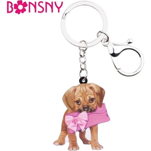 Bonsny Acrylic Anime Lovely Bowknot Puppy Dog Key Chains Animal Keyrings For Women Girl Ladies Handbag Car Key Charms Bulk Gift