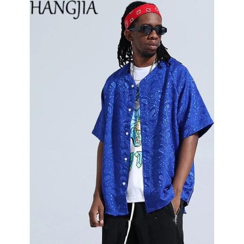 Balck Blue Vintage Hip Hop Shirt Silk Cloth Streetwear Shirt Paisley Floral Summer Beach Hawaiian Shirts Short Sleeve Men