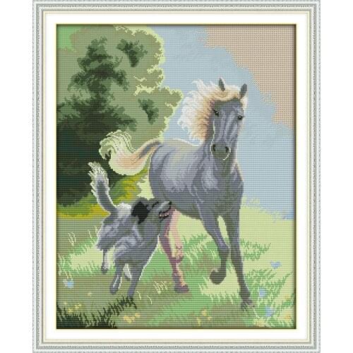 Joy sunday animals style The dog and horse travel together 14CT and 11CT counted cross stitch fabric for animal CROSS-STITCH