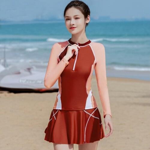 Front Zipper Long Sleeve Swimsuit Skirt Conservative Plus Size Womens Swimwear Shorts Two Piece Bathing Suit Beach Wear Swimming
