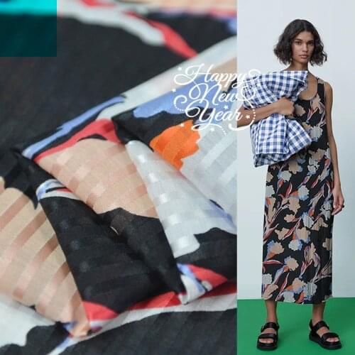 Fashion natural silk cotton blended fabric with striped satin and floral print,SCT747
