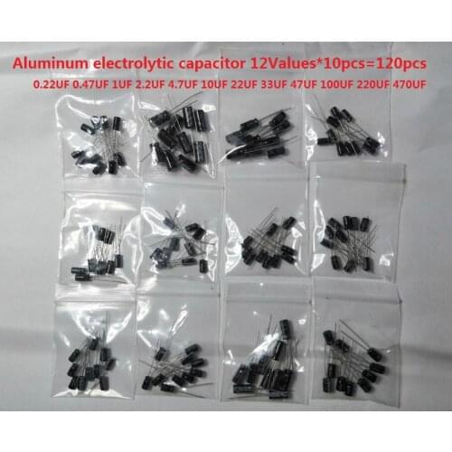 1set of 120pcs 12 values 0.22UF-470UF Aluminum electrolytic capacitor assortment kit set pack 0.47/1/2.2/4.7/10/22/33/47/100/220