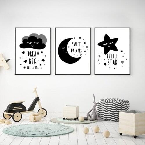 Star Moon Cloud Wall Art Posters Big Dream Little Star Quotes Canvas Painting Black White Art Prints Nordic Baby Kids Room Decor