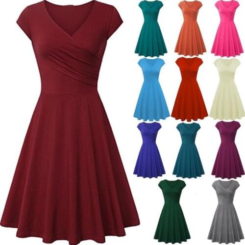 Casual Womens Solid Color Summer Slim Swing Dress 2021 Sexy Plus Size Office Versatile Mini Dress Retro V-neck Beach Dresses
