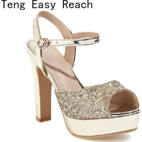 Sexy Women Ankle Strap Platform Sandals High Chunky Heels Silver PU Casual Party Office Gold Wedding Summer Ladies Sandals